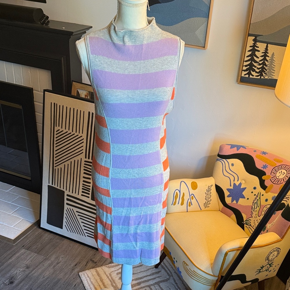 Striped Sleeveless Dress - Purple, Gray, and Orange